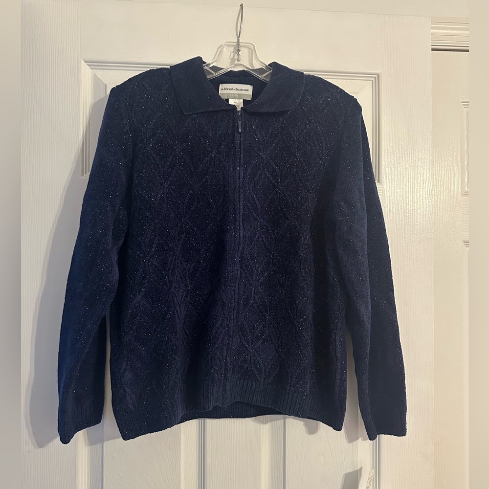 NWT Alfred Dunner Navy Blue Sweater With Full Zip Front and Shimmer!